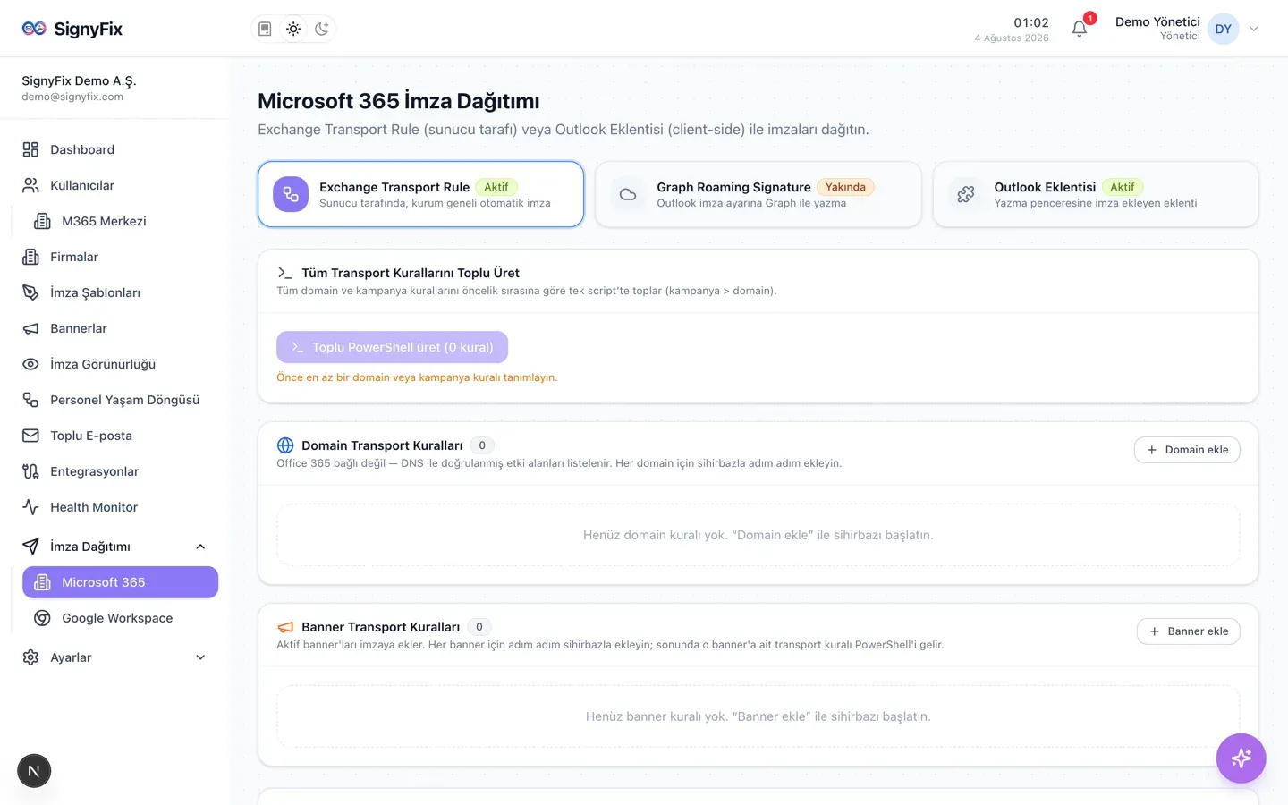 Microsoft 365 İmza Dağıtımı sayfası: dağıtım yöntemi kartları ve domain kuralı sihirbazının başlangıcı