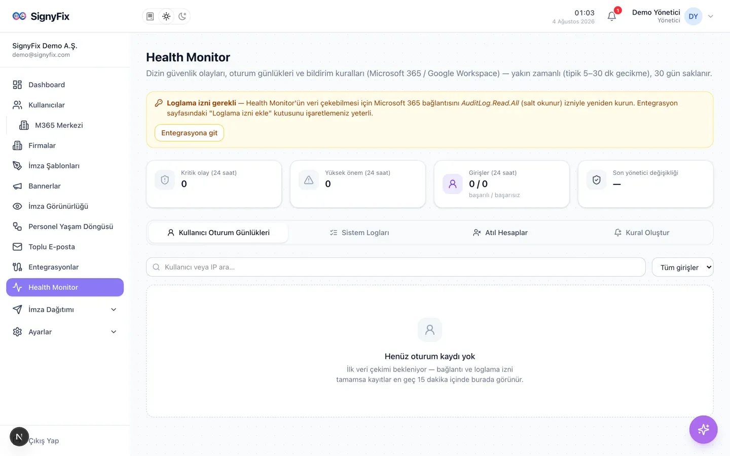 Health Monitor sayfası: dört özet kartı, dört sekme ve loglama izni gerektiğini bildiren sarı uyarı bandı