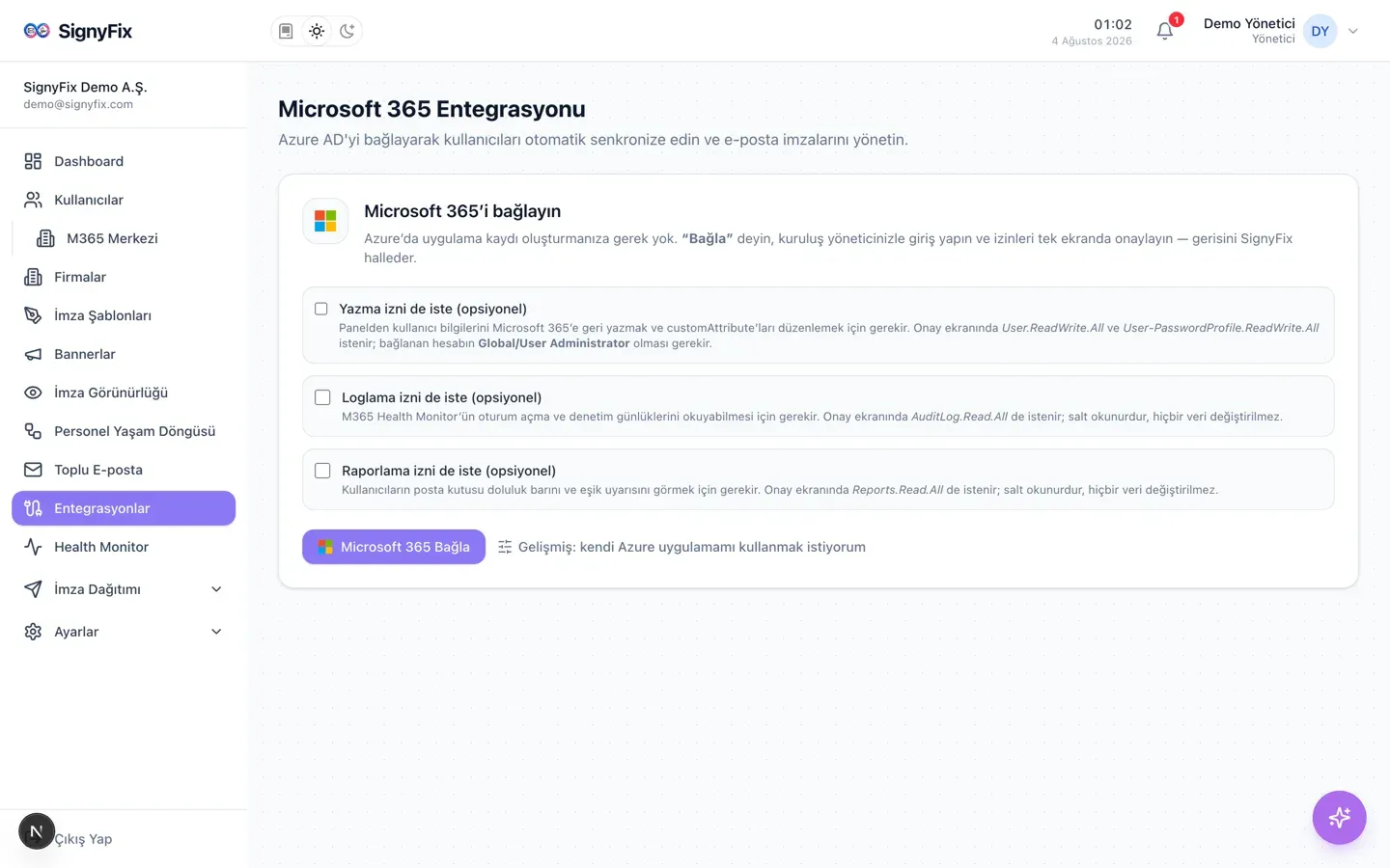 Microsoft 365 Entegrasyonu ekranı: üç opsiyonel izin kutusu ve “Microsoft 365 Bağla” butonu