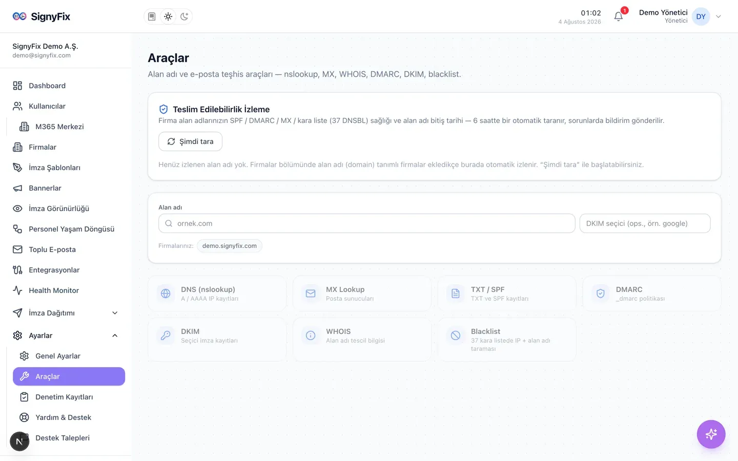 Araçlar sayfası: Teslim Edilebilirlik İzleme kartı, alan adı arama kutusu ve DNS, MX, TXT/SPF, DMARC, DKIM, WHOIS, Blacklist araç kartları